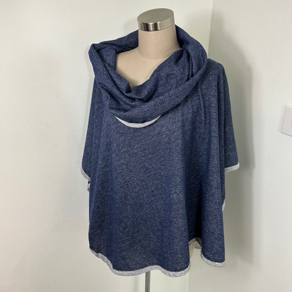 Heidi Hess Hoodie Poncho Knit Cape‎ Blue Gray Cowl Neck Women's Large $180